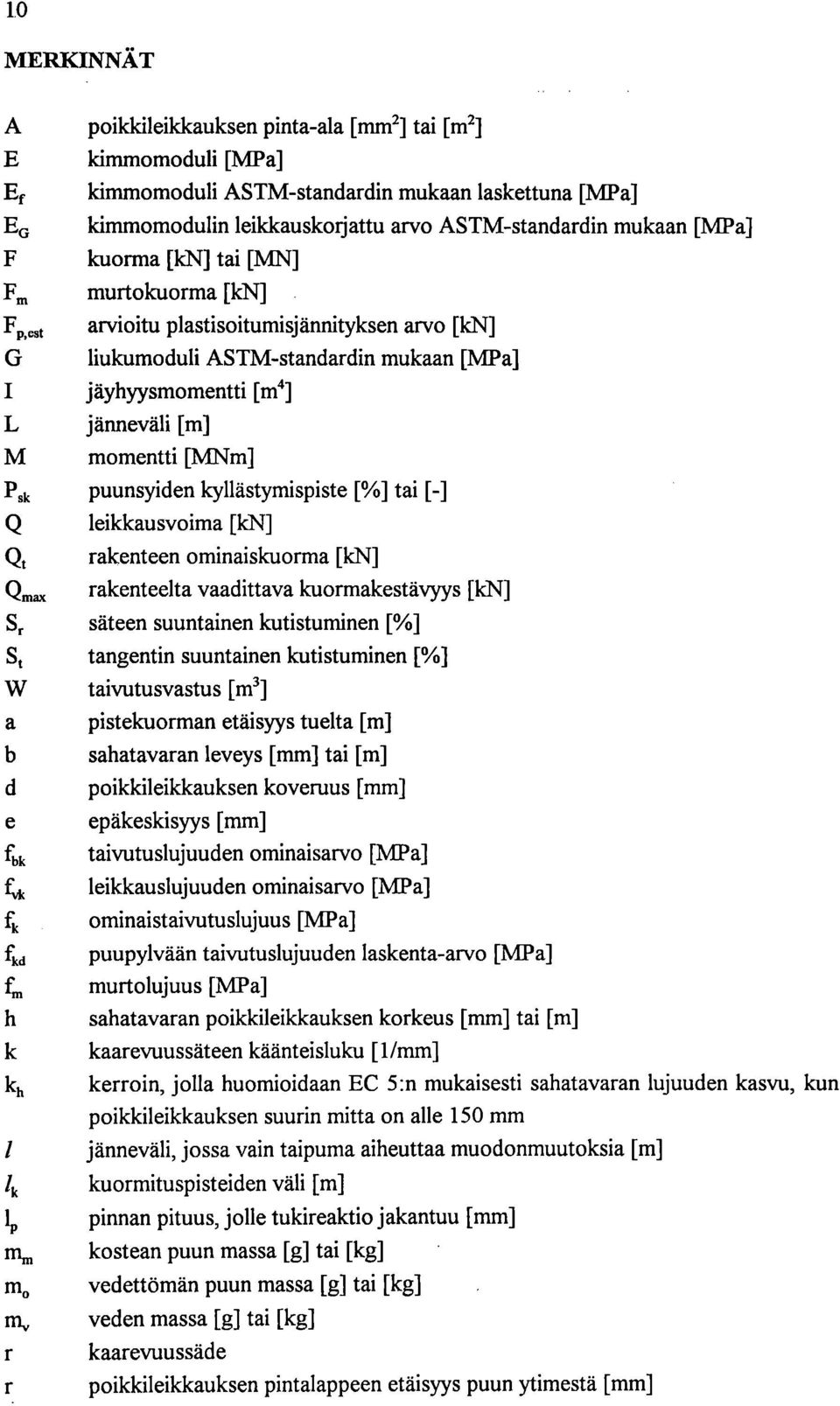 kyllästymispiste [%] tai [-] leikkausvoima [cn] Qt rakenteen ominaiskuorma [cn] rakenteelta vaadittava kuormakestävyys [cn] Sr säteen suuntainen kutistuminen [%] St tangentin suuntainen kutistuminen