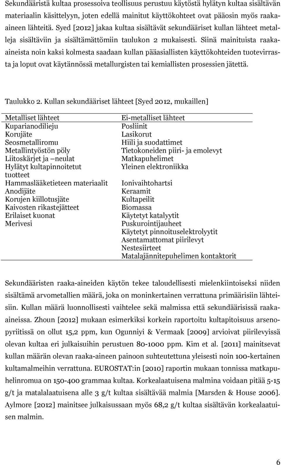 Siinä mainituista raakaaineista noin kaksi kolmesta saadaan kullan pääasiallisten käyttökohteiden tuotevirrasta ja loput ovat käytännössä metallurgisten tai kemiallisten prosessien jätettä.