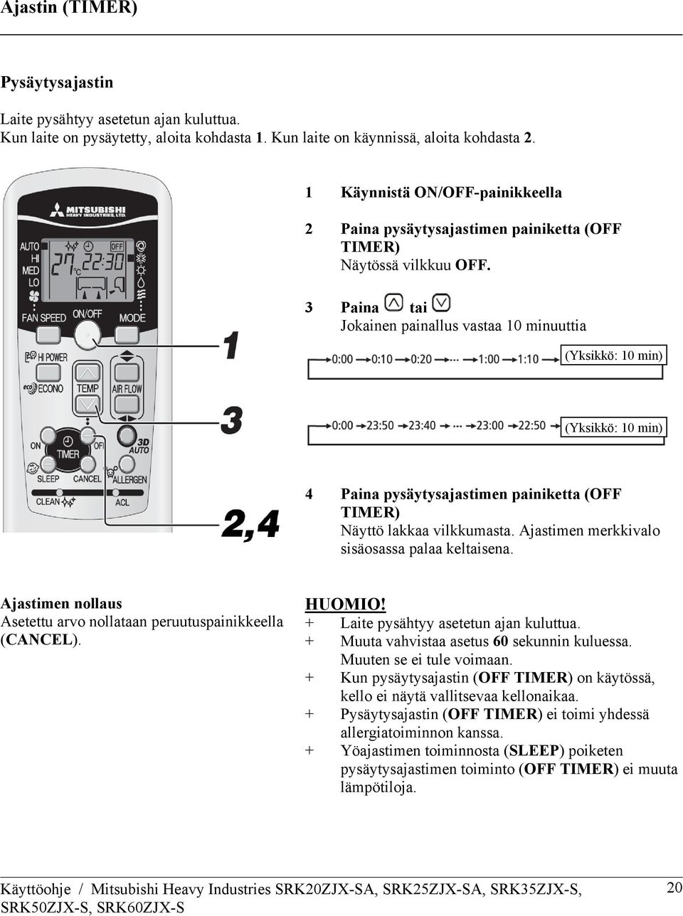 3 Paina tai Jokainen painallus vastaa 10 minuuttia (Yksikkö: 10 min) (Yksikkö: 10 min) 4 Paina pysäytysajastimen painiketta (OFF TIMER) Näyttö lakkaa vilkkumasta.