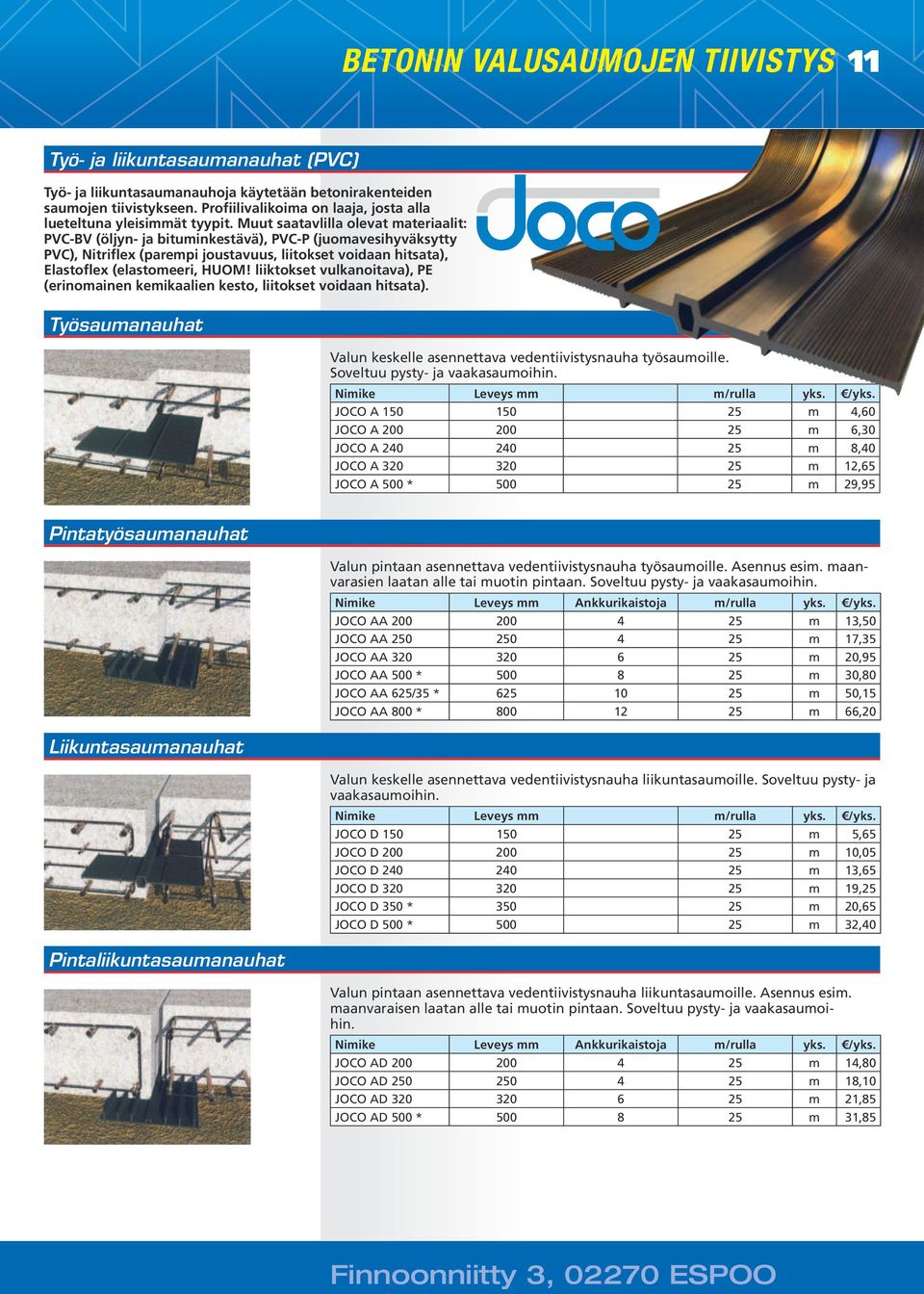 Muut saatavlilla olevat materiaalit: PVC-BV (öljyn- ja bituminkestävä), PVC-P (juomavesihyväksytty PVC), Nitriflex (parempi joustavuus, liitokset voidaan hitsata), Elastoflex (elastomeeri, HUOM!