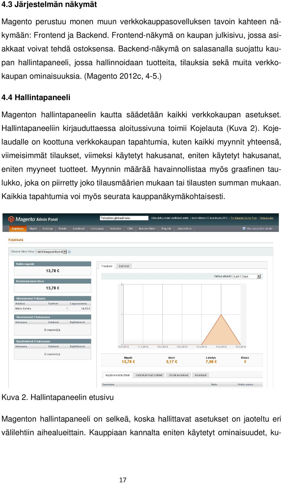 4 Hallintapaneeli Magenton hallintapaneelin kautta säädetään kaikki verkkokaupan asetukset. Hallintapaneeliin kirjauduttaessa aloitussivuna toimii Kojelauta (Kuva 2).