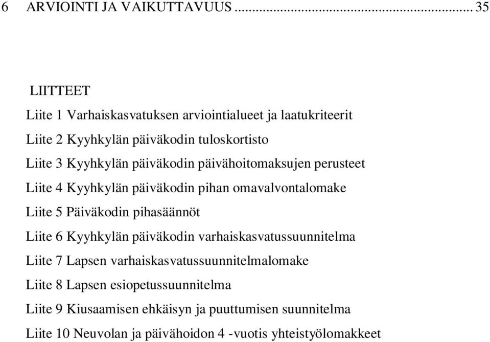 päiväkodin päivähoitomaksujen perusteet Liite 4 Kyyhkylän päiväkodin pihan omavalvontalomake Liite 5 Päiväkodin pihasäännöt Liite 6