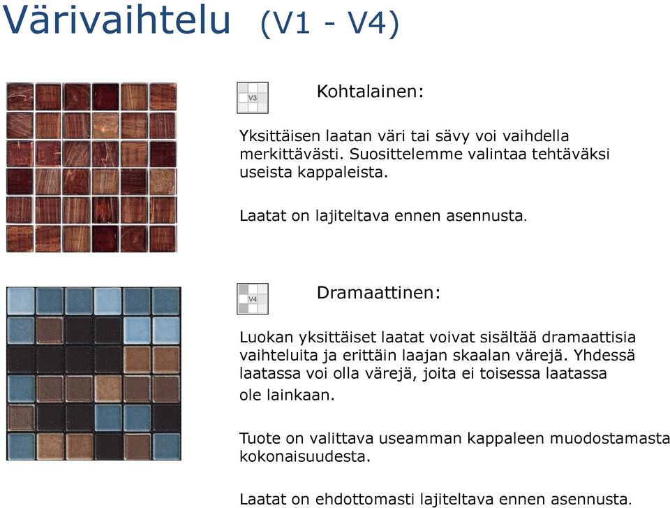 Dramaattinen: Luokan yksittäiset laatat voivat sisältää dramaattisia vaihteluita ja erittäin laajan skaalan värejä.