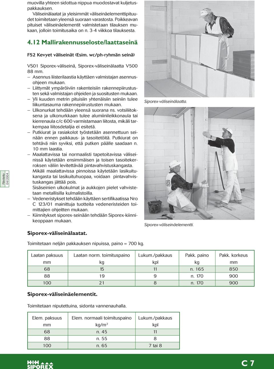 wc/ph-ryhmän seinä) Päivitetty VS01 Siporex-väliseinä, Siporex-väliseinälaatta V500 88 mm. Asennus liisterilaastia käyttäen valmistajan asennusohjeen mukaan.