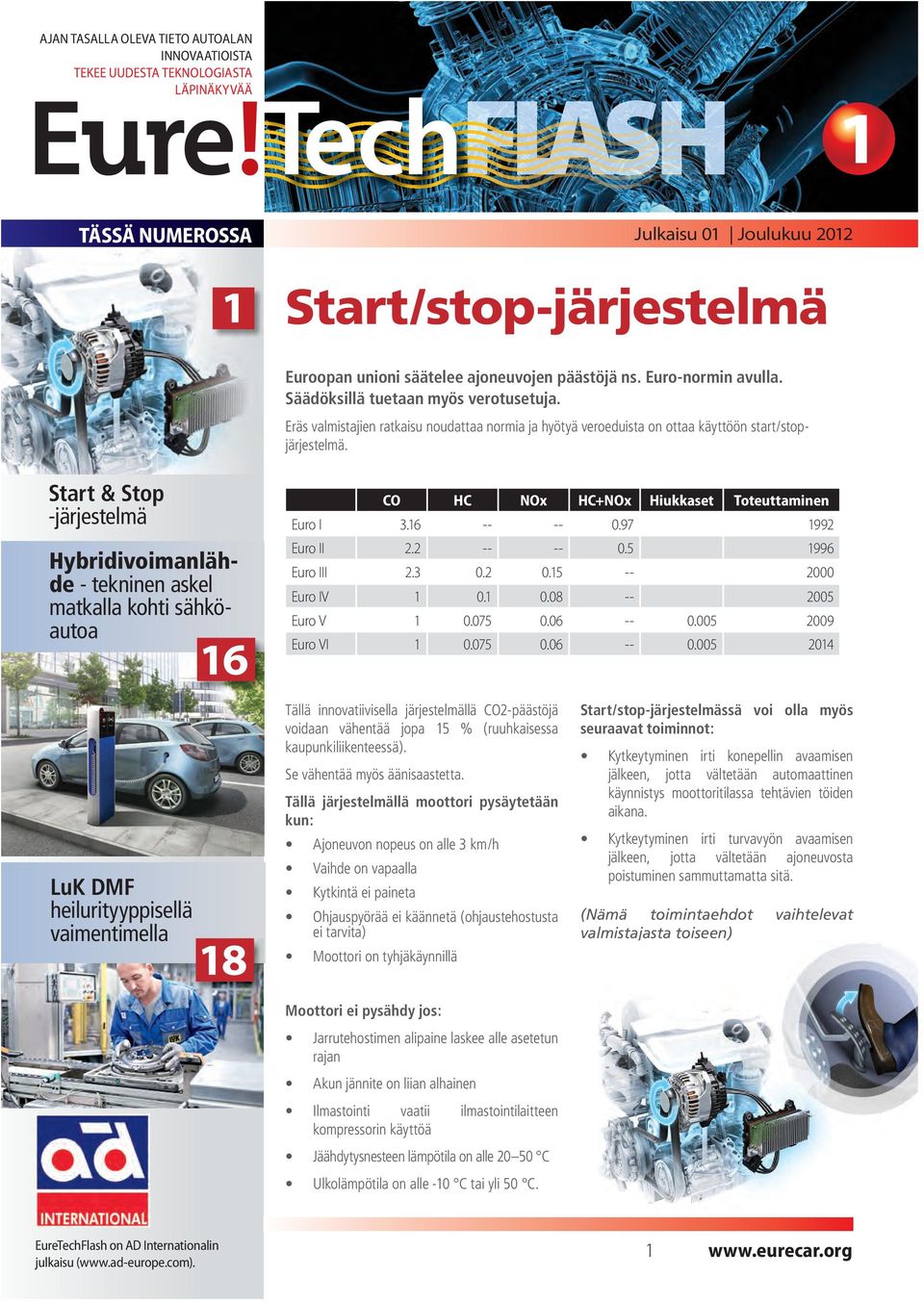 Start & Stop -järjestelmä Hybridivoimanlähde - tekninen askel matkalla kohti sähköautoa 16 CO HC NOx HC+NOx Hiukkaset Toteuttaminen Euro I 3.16 -- -- 0.97 1992 Euro II 2.2 -- -- 0.5 1996 Euro III 2.