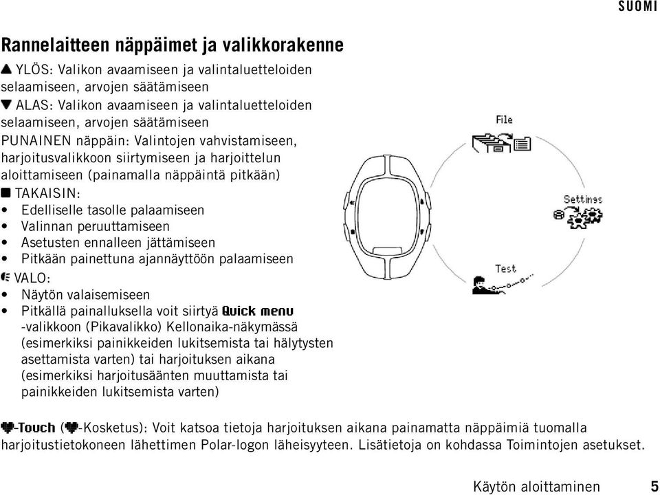 Valinnan peruuttamiseen Asetusten ennalleen jättämiseen Pitkään painettuna ajannäyttöön palaamiseen VALO: Näytön valaisemiseen Pitkällä painalluksella voit siirtyä Quick menu -valikkoon (Pikavalikko)