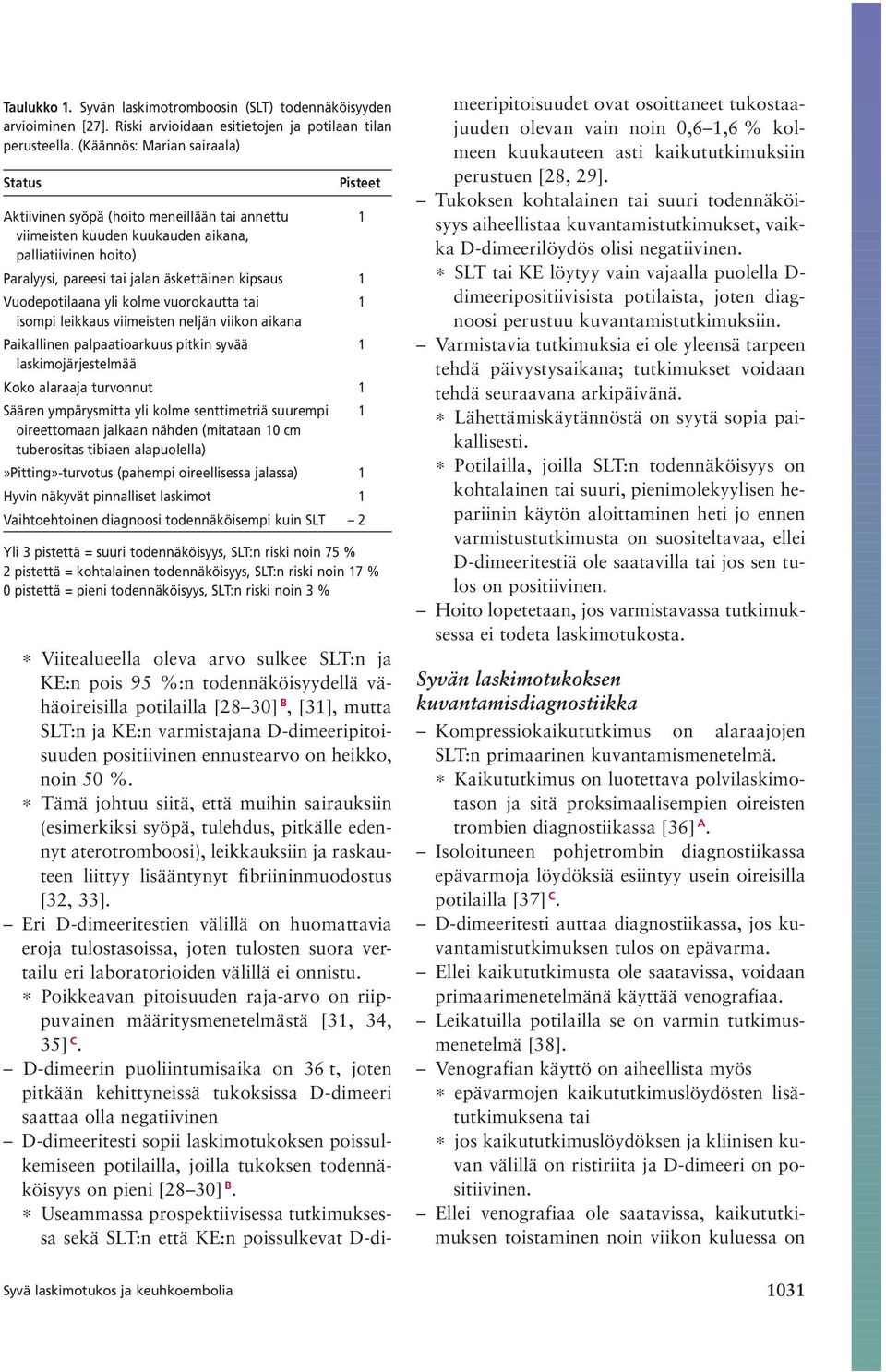 Vuodepotilaana yli kolme vuorokautta tai 1 isompi leikkaus viimeisten neljän viikon aikana Paikallinen palpaatioarkuus pitkin syvää 1 laskimojärjestelmää Koko alaraaja turvonnut 1 Säären ympärysmitta