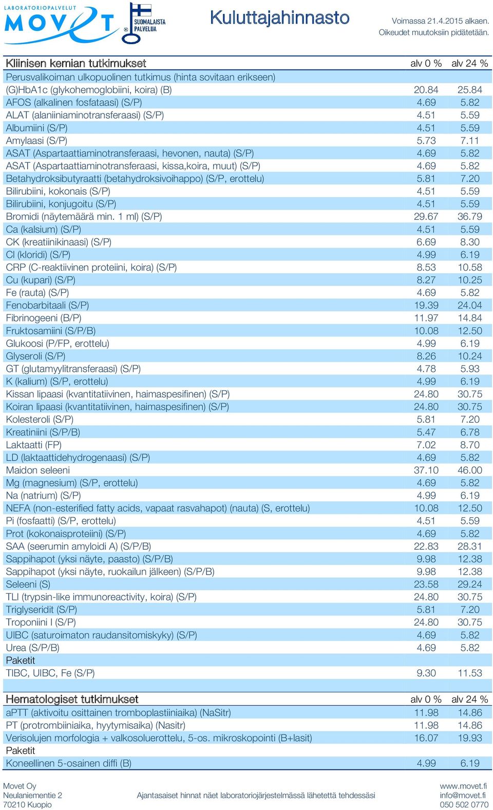 69 5.82 ALAT (alaniiniaminotransferaasi) (S/P) 4.51 5.59 Albumiini (S/P) 4.51 5.59 Amylaasi (S/P) 5.73 7.11 ASAT (Aspartaattiaminotransferaasi, hevonen, nauta) (S/P) 4.69 5.82 ASAT (Aspartaattiaminotransferaasi, kissa,koira, muut) (S/P) 4.