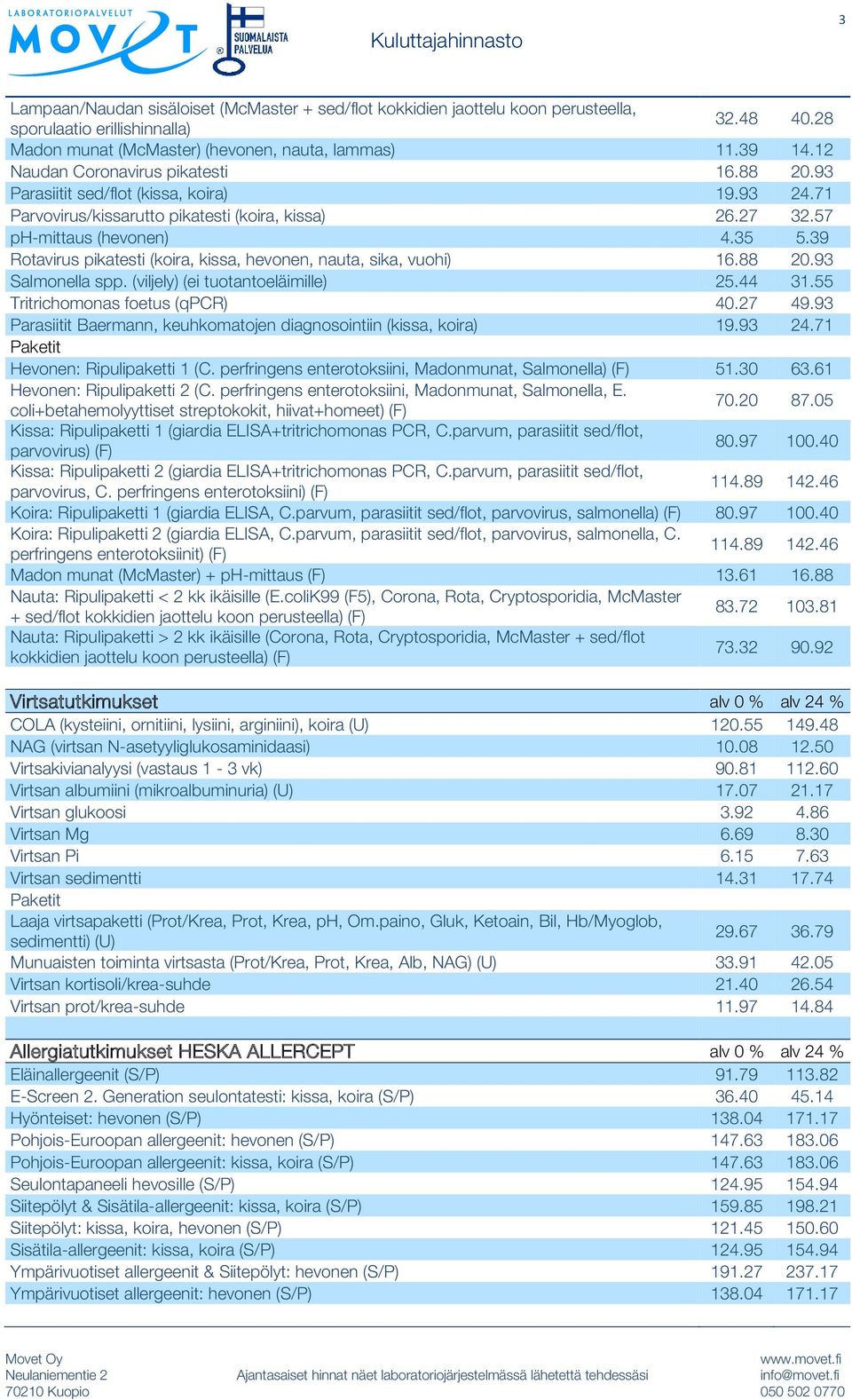 39 Rotavirus pikatesti (koira, kissa, hevonen, nauta, sika, vuohi) 16.88 20.93 Salmonella spp. (viljely) (ei tuotantoeläimille) 25.44 31.55 Tritrichomonas foetus (qpcr) 40.27 49.