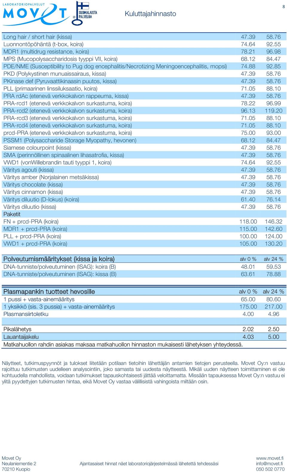 76 PKinase def (Pyruvaattikinaasin puutos, kissa) 47.39 58.76 PLL (primaarinen linssiluksaatio, koira) 71.05 88.10 PRA rdac (etenevä verkkokalvon rappeuma, kissa) 47.39 58.76 PRA-rcd1 (etenevä verkkokalvon surkastuma, koira) 78.