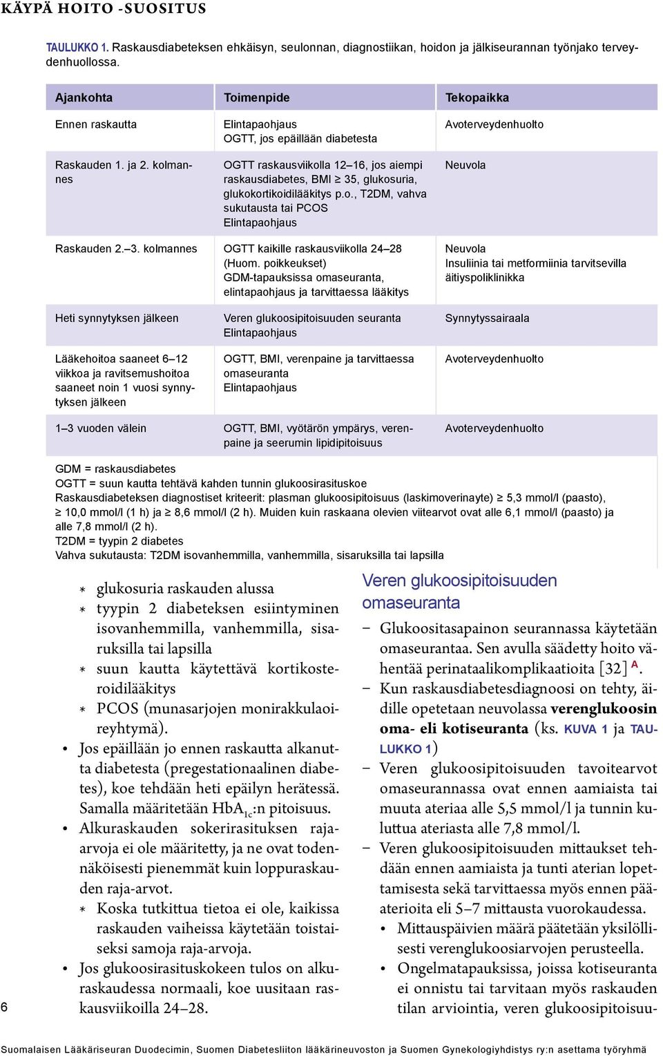 kolmannes Elintapaohjaus OGTT, jos epäillään diabetesta OGTT raskausviikolla 12 16, jos aiempi raskausdiabetes, BMI 35, glukosuria, glukokortikoidilääkitys p.o., T2DM, vahva sukutausta tai PCOS Elintapaohjaus Avoterveydenhuolto Neuvola Raskauden 2.