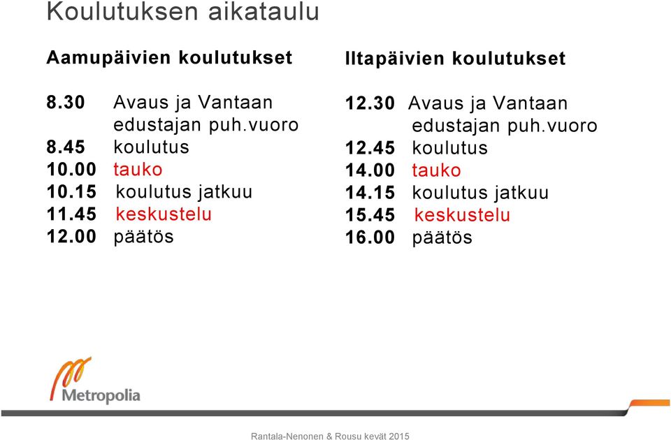 15 koulutus jatkuu 11.45 keskustelu 12.00 päätös Iltapäivien koulutukset 12.