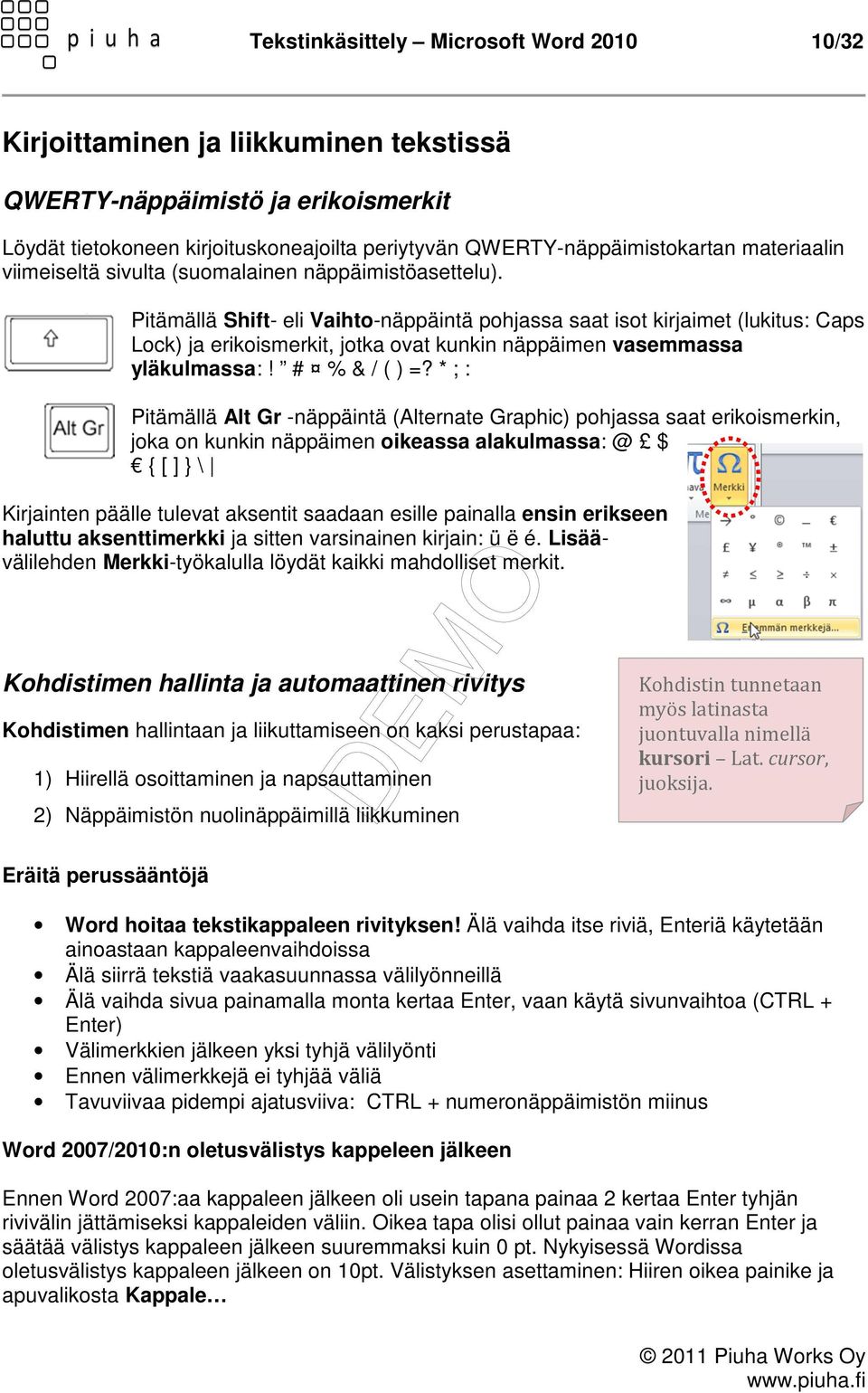 Pitämällä Shift- eli Vaihto-näppäintä pohjassa saat isot kirjaimet (lukitus: Caps Lock) ja erikoismerkit, jotka ovat kunkin näppäimen vasemmassa yläkulmassa:! # % & / ( ) =?