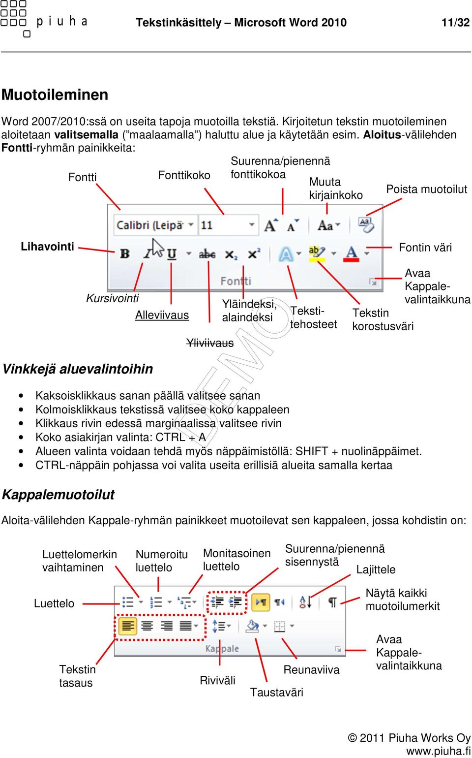 Aloitus-välilehden Fontti-ryhmän painikkeita: Suurenna/pienennä Fontti Fonttikoko fonttikokoa Muuta kirjainkoko Poista muotoilut Lihavointi Fontin väri Kursivointi Vinkkejä aluevalintoihin