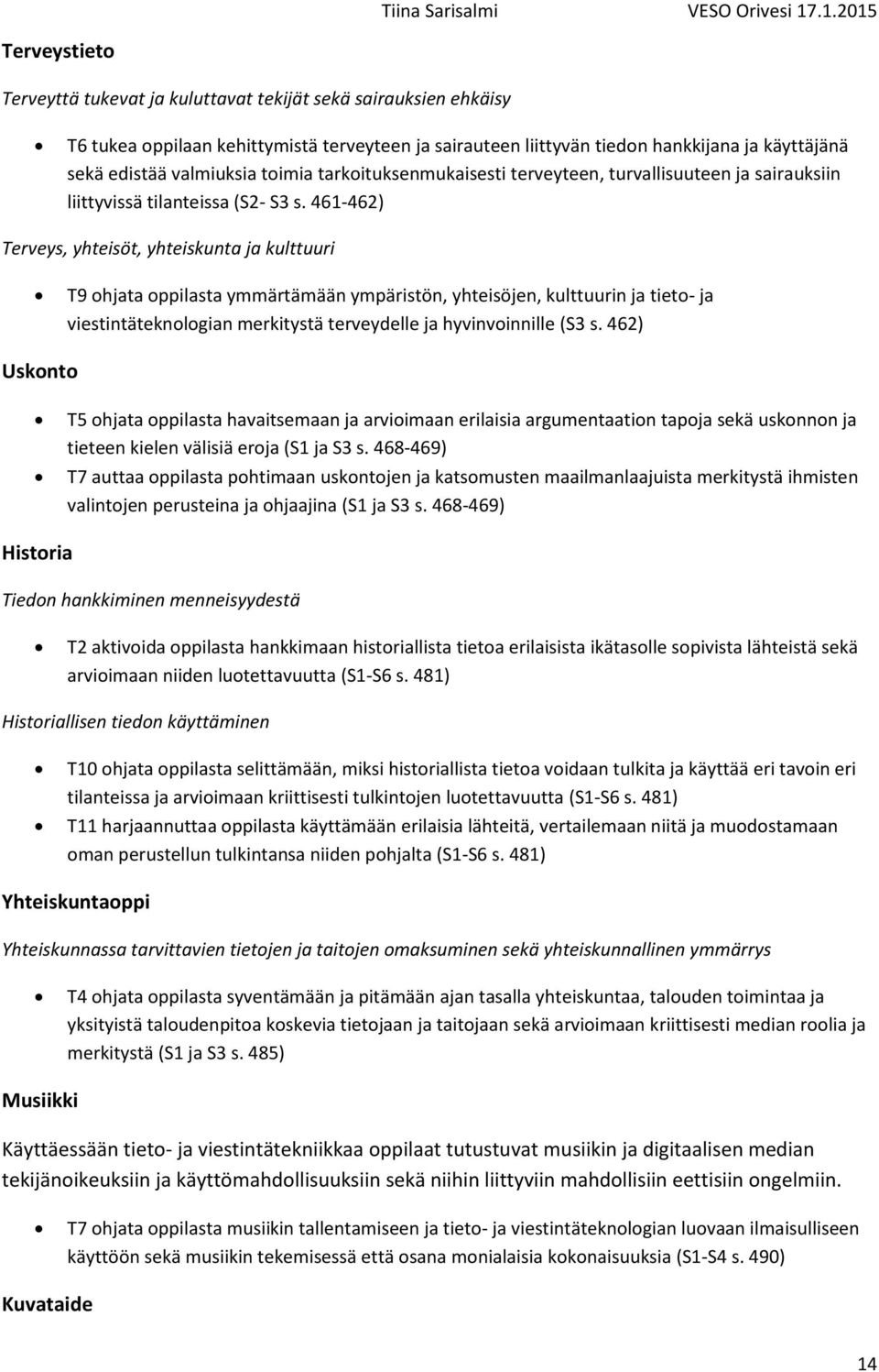 461-462) Terveys, yhteisöt, yhteiskunta ja kulttuuri T9 ohjata oppilasta ymmärtämään ympäristön, yhteisöjen, kulttuurin ja tieto- ja viestintäteknologian merkitystä terveydelle ja hyvinvoinnille (S3