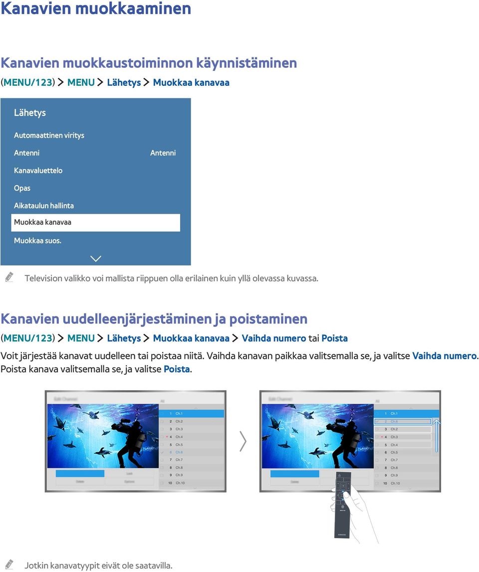 Kanavien uudelleenjärjestäminen ja poistaminen (MENU/123) MENU Lähetys Muokkaa kanavaa Vaihda numero tai Poista Voit järjestää kanavat uudelleen tai poistaa