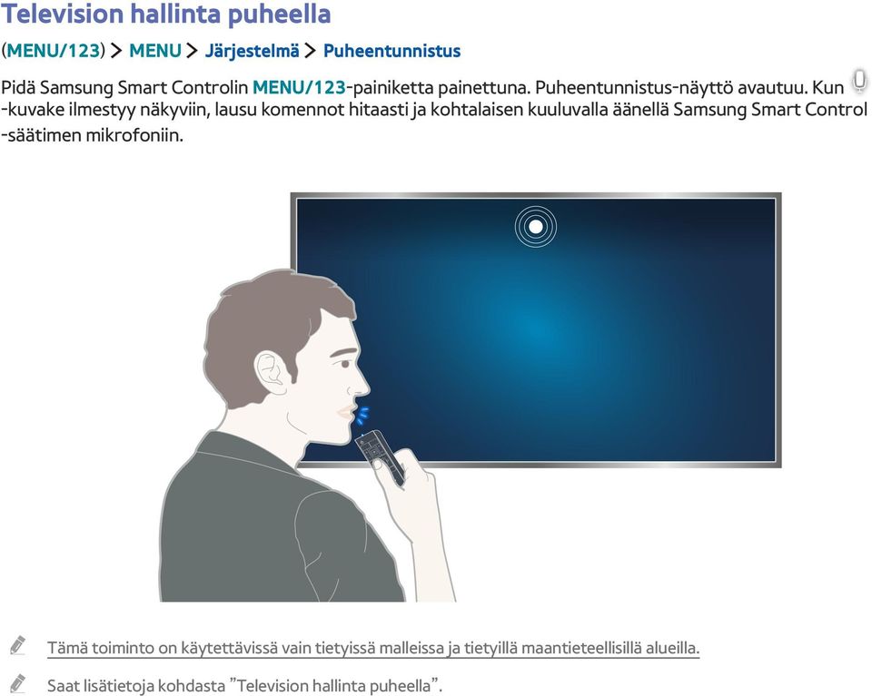 Kun -kuvake ilmestyy näkyviin, lausu komennot hitaasti ja kohtalaisen kuuluvalla äänellä Samsung Smart Control