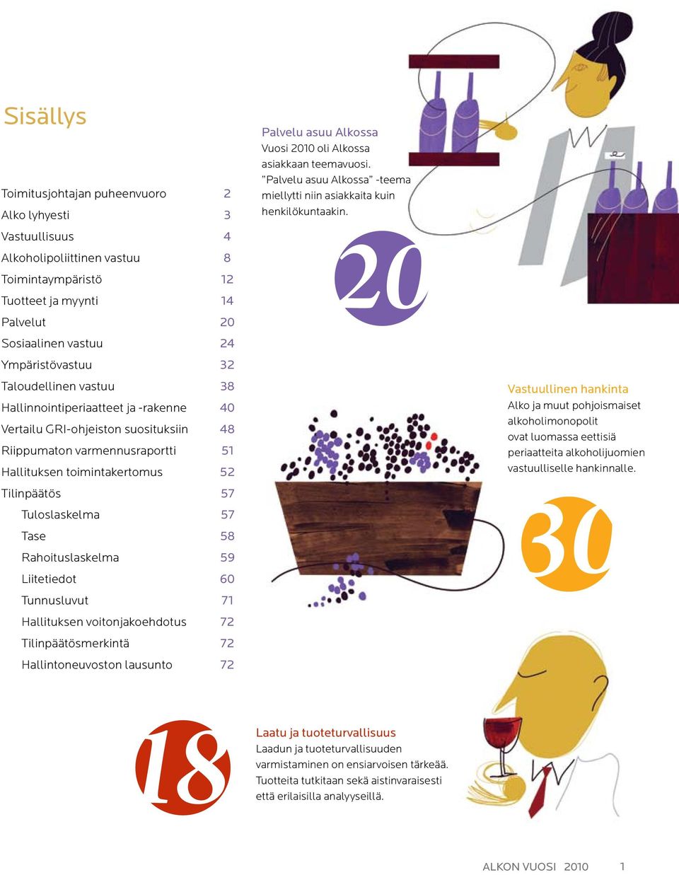 Tase 58 Rahoituslaskelma 59 Liitetiedot 60 Tunnusluvut 71 Hallituksen voitonjakoehdotus 72 Tilinpäätösmerkintä 72 Hallintoneuvoston lausunto 72 Palvelu asuu Alkossa Vuosi 2010 oli Alkossa asiakkaan