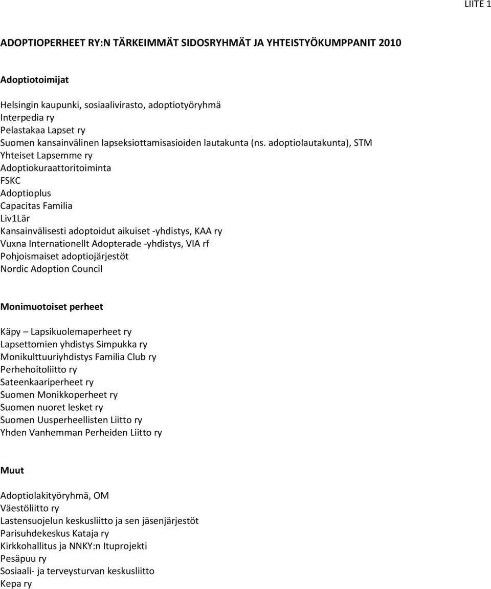 adoptiolautakunta), STM Yhteiset Lapsemme ry Adoptiokuraattoritoiminta FSKC Adoptioplus Capacitas Familia Liv1Lär Kansainvälisesti adoptoidut aikuiset -yhdistys, KAA ry Vuxna Internationellt