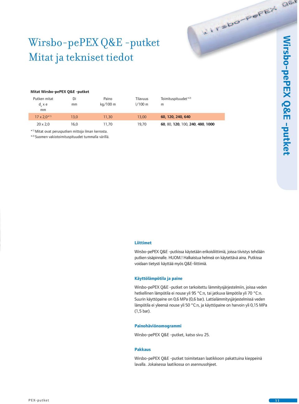 Wirsbo-pePEX Q&E -putket Liittimet Wirsbo-pePEX Q&E -putkissa käytetään erikoisliittimiä, joissa tiivistys tehdään putken sisäpinnalle. HUOM.! Halkaistua helmeä on käytettävä aina.