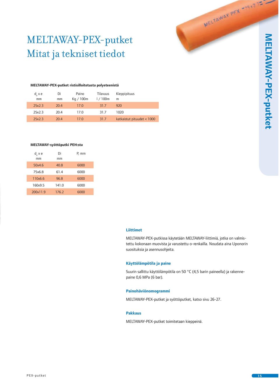 2 6000 Liittimet MELTAWAY-PEX-putkissa käytetään MELTAWAY-liittimiä, jotka on valmistettu kokonaan muovista ja varustettu o-renkailla. Noudata aina Uponorin suosituksia ja asennusohjeita.