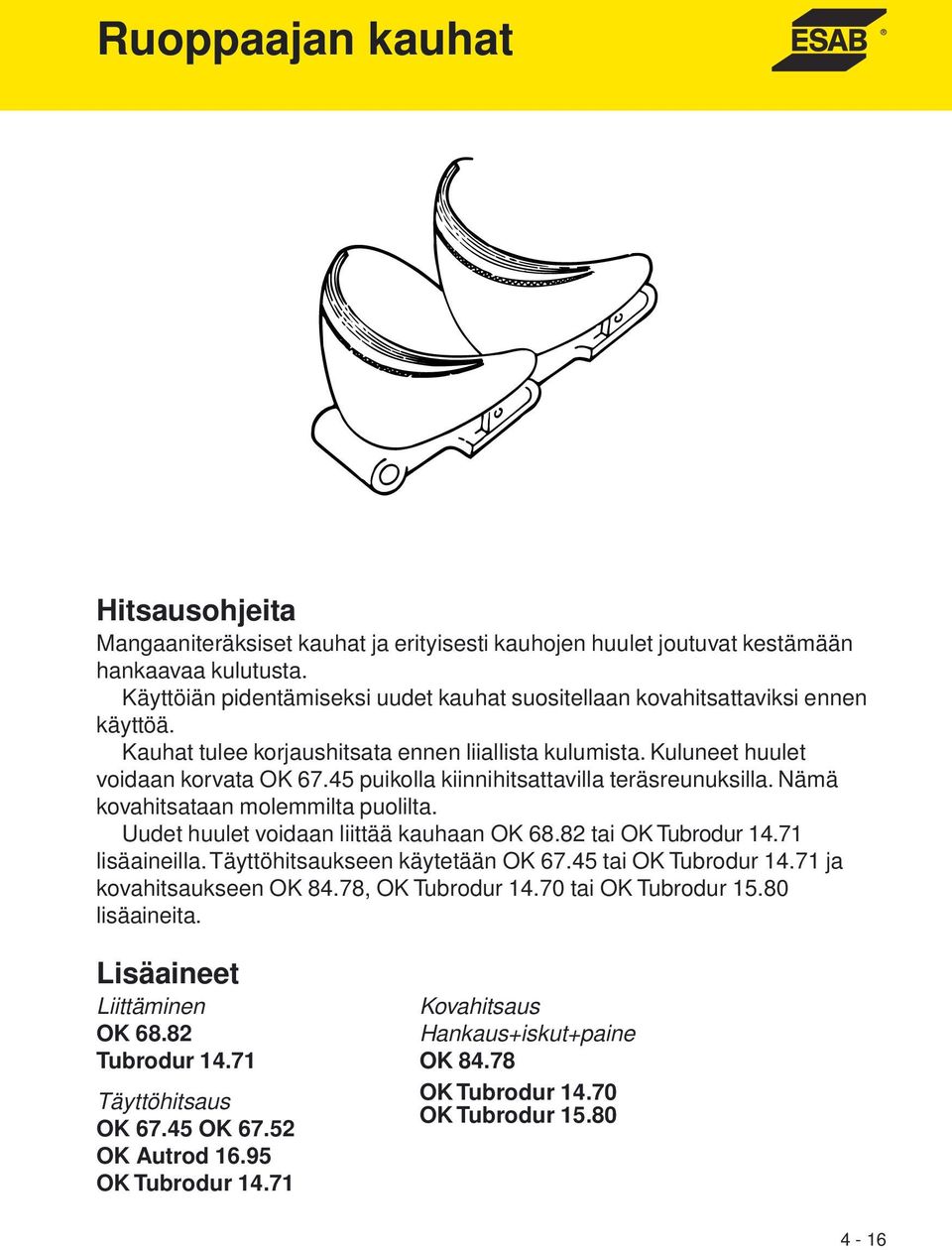 Uudet huulet voidaan liittää kauhaan OK 68.82 tai OK Tubrodur 14.71 lisäaineilla. Täyttöhitsaukseen käytetään OK 67.45 tai OK Tubrodur 14.71 ja kovahitsaukseen OK 84.78, OK Tubrodur 14.