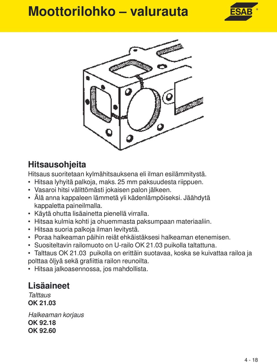 Hitsaa suoria palkoja ilman levitystä. Poraa halkeaman päihin reiät ehkäistäksesi halkeaman etenemisen. Suositeltavin railomuoto on U-railo OK 21.03 puikolla taltattuna. Talttaus OK 21.