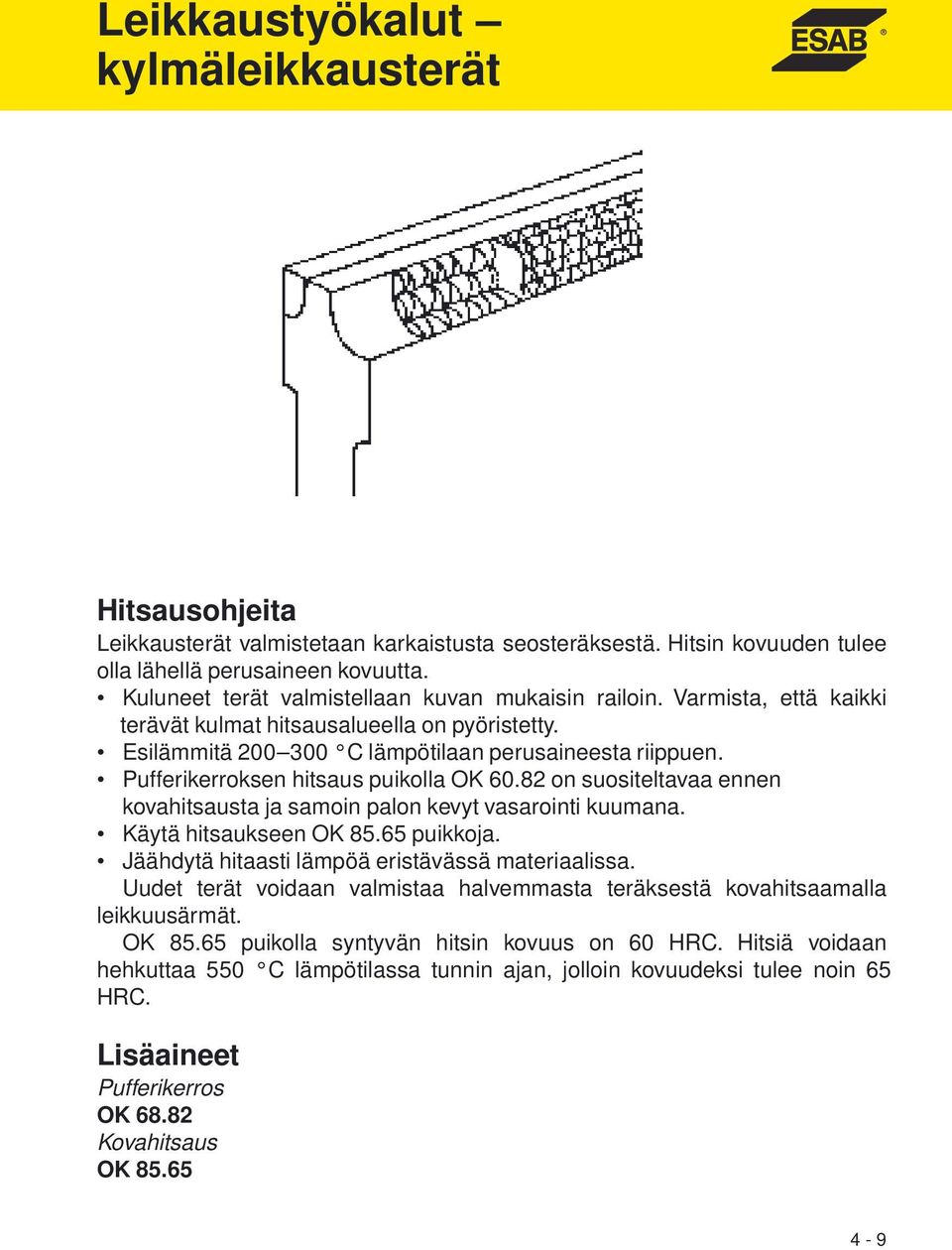 Pufferikerroksen hitsaus puikolla OK 60.82 on suositeltavaa ennen kovahitsausta ja samoin palon kevyt vasarointi kuumana. Käytä hitsaukseen OK 85.65 puikkoja.