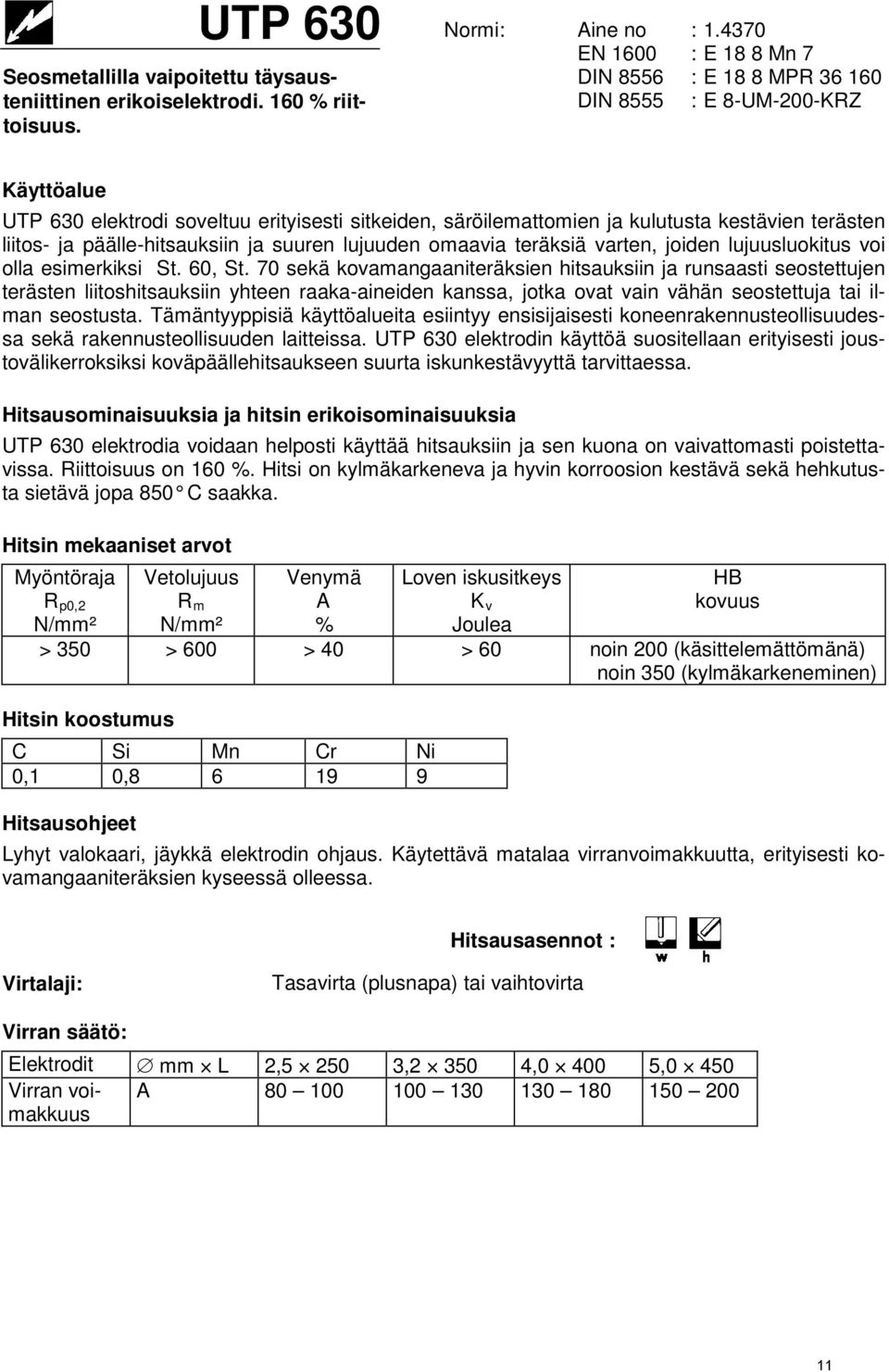 päälle-hitsauksiin ja suuren lujuuden omaavia teräksiä varten, joiden lujuusluokitus voi olla esimerkiksi St. 60, St.