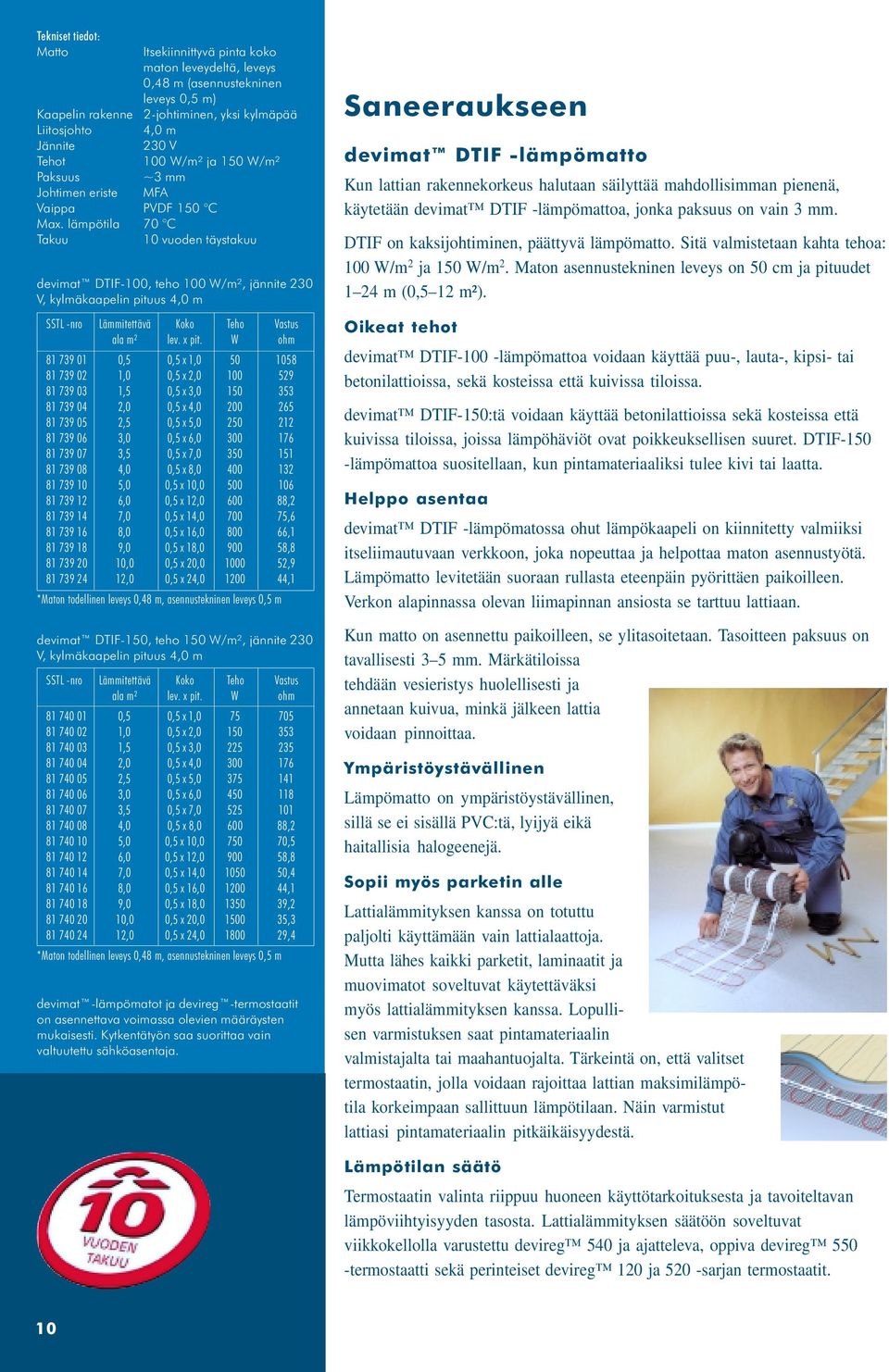 lämpötila 70 C Takuu 10 vuoden täystakuu devimat DTIF-100, teho 100 W/m², jännite 230 V, kylmäkaapelin pituus 4,0 m SSTL -nro Lämmitettävä Koko Teho Vastus ala m² lev. x pit.