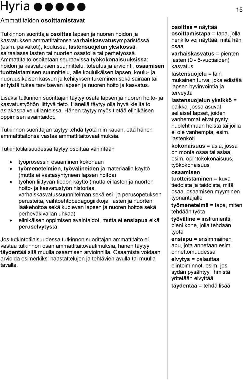 Ammattitaito osoitetaan seuraavissa työkokonaisuuksissa: hoidon ja kasvatuksen suunnittelu, toteutus ja arviointi, osaamisen tuotteistamisen suunnittelu, alle kouluikäisen lapsen, koulu- ja