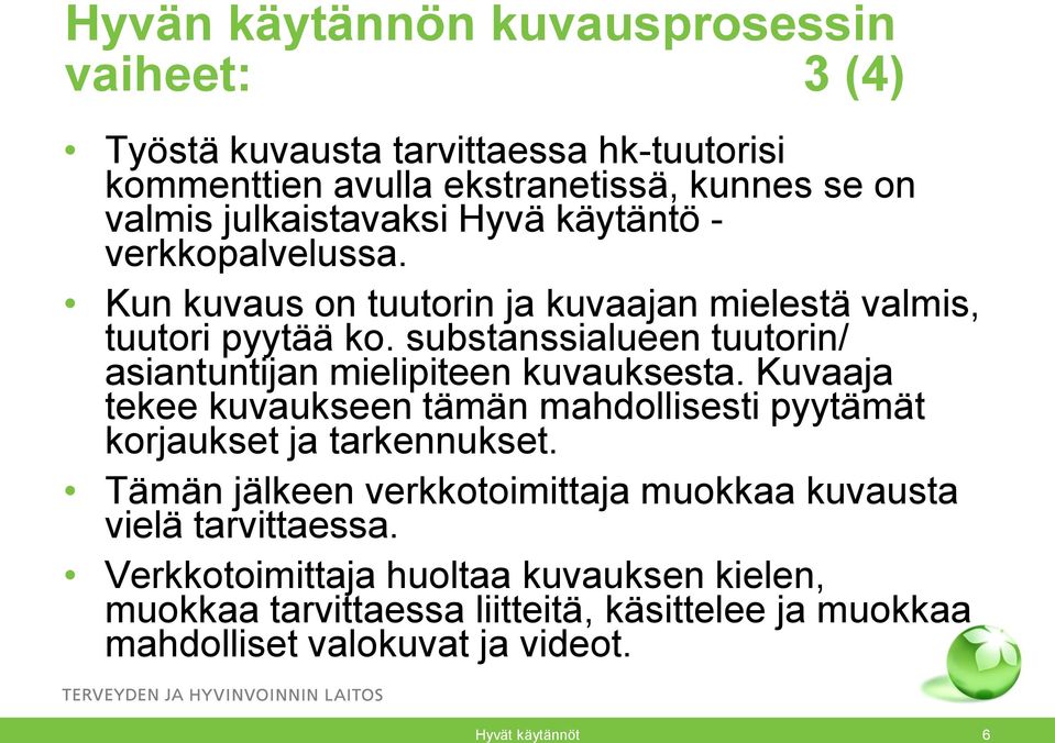 substanssialueen tuutorin/ asiantuntijan mielipiteen kuvauksesta. Kuvaaja tekee kuvaukseen tämän mahdollisesti pyytämät korjaukset ja tarkennukset.