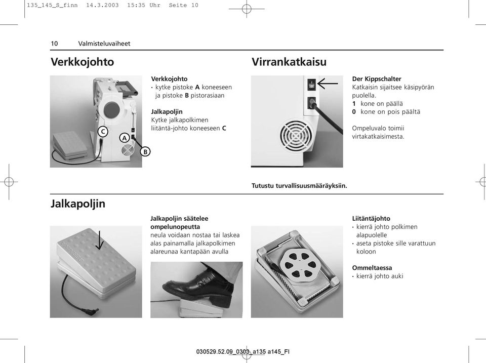 1 kone on päällä 0 kone on pois päältä Ompeluvalo toimii virtakatkaisimesta. B Tutustu turvallisuusmääräyksiin.