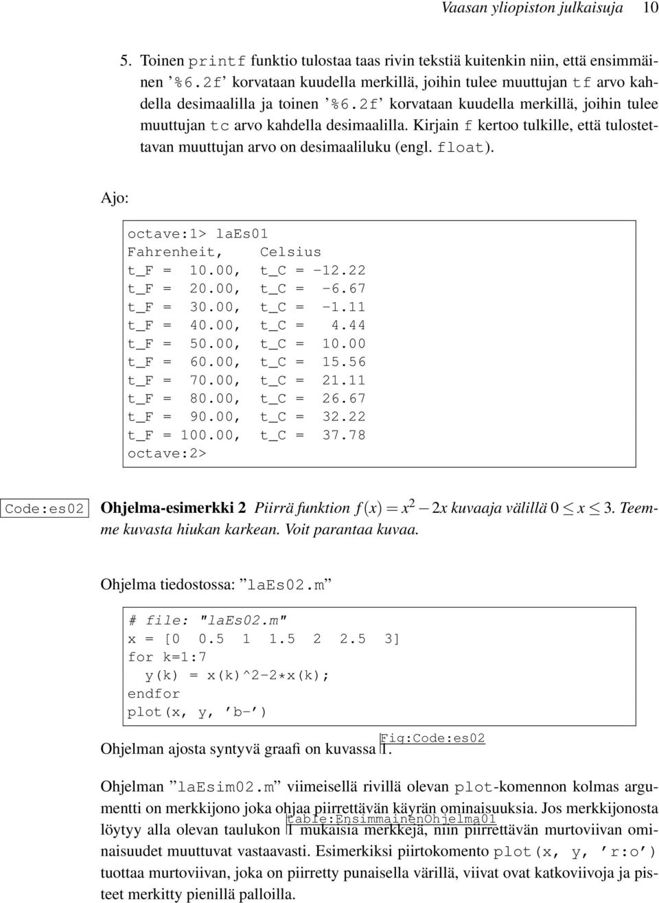 Kirjain f kertoo tulkille, että tulostettavan muuttujan arvo on desimaaliluku (engl. float). Ajo: octave:1> laes01 Fahrenheit, Celsius t_f = 10.00, t_c = -12.22 t_f = 20.00, t_c = -6.67 t_f = 30.