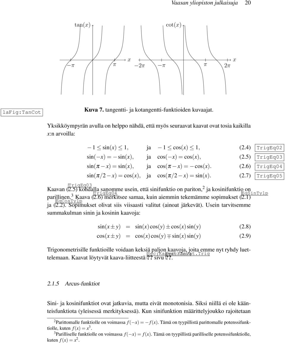 5) TrigEq03 sin(π x) = sin(x), ja cos(π x) = cos(x). (2.6) TrigEq04 sin(π/2 x) = cos(x), ja cos(π/2 x) = sin(x). (2.7) TrigEq05 Kaavan ( 2.