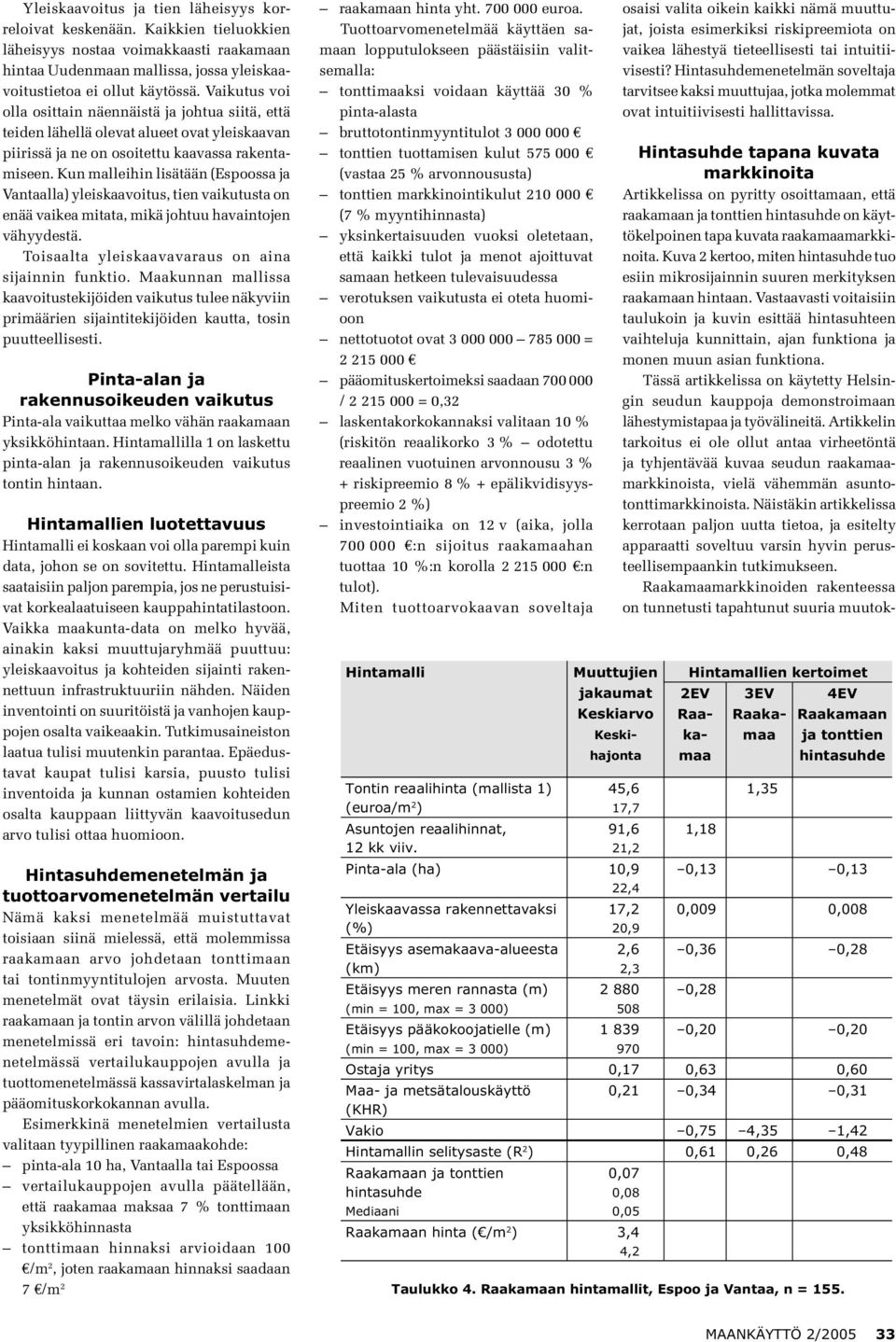 Kun malleihin lisätään (Espoossa ja Vantaalla) yleiskaavoitus, tien vaikutusta on enää vaikea mitata, mikä johtuu havaintojen vähyydestä. Toisaalta yleiskaavavaraus on aina sijainnin funktio.