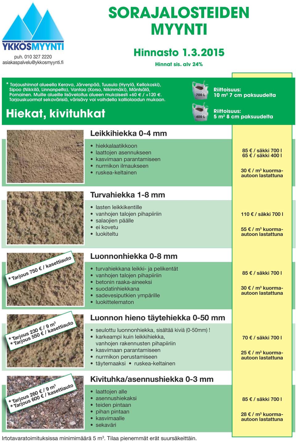 Muille alueille lisäveloitus alueen mukaisesti +60 / +120. Tarjouskuormat sekavärisiä, värisävy voi vaihdella kalliolaadun mukaan.