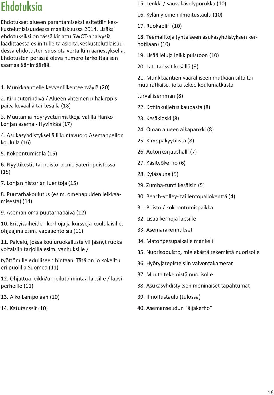 Kirpputoripäivä / Alueen yhteinen pihakirppispäivä keväällä tai kesällä (18) 3. Muutamia höyryveturimatkoja välillä Hanko - Lohjan asema - Hyvinkää (17) 4.