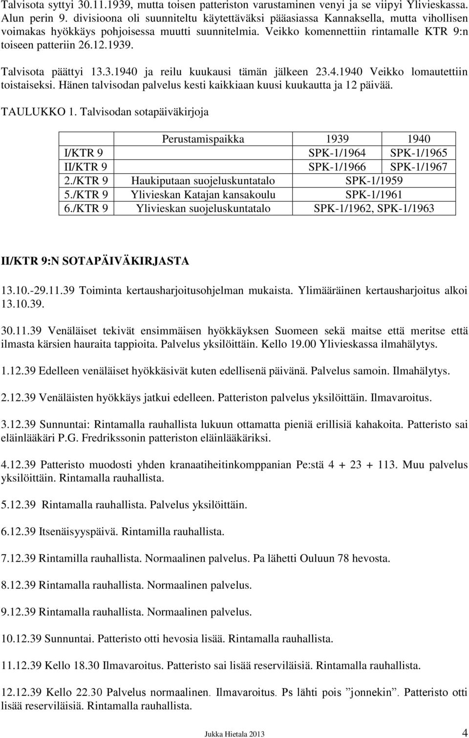 1939. Talvisota päättyi 13.3.1940 ja reilu kuukausi tämän jälkeen 23.4.1940 Veikko lomautettiin toistaiseksi. Hänen talvisodan palvelus kesti kaikkiaan kuusi kuukautta ja 12 päivää. TAULUKKO 1.