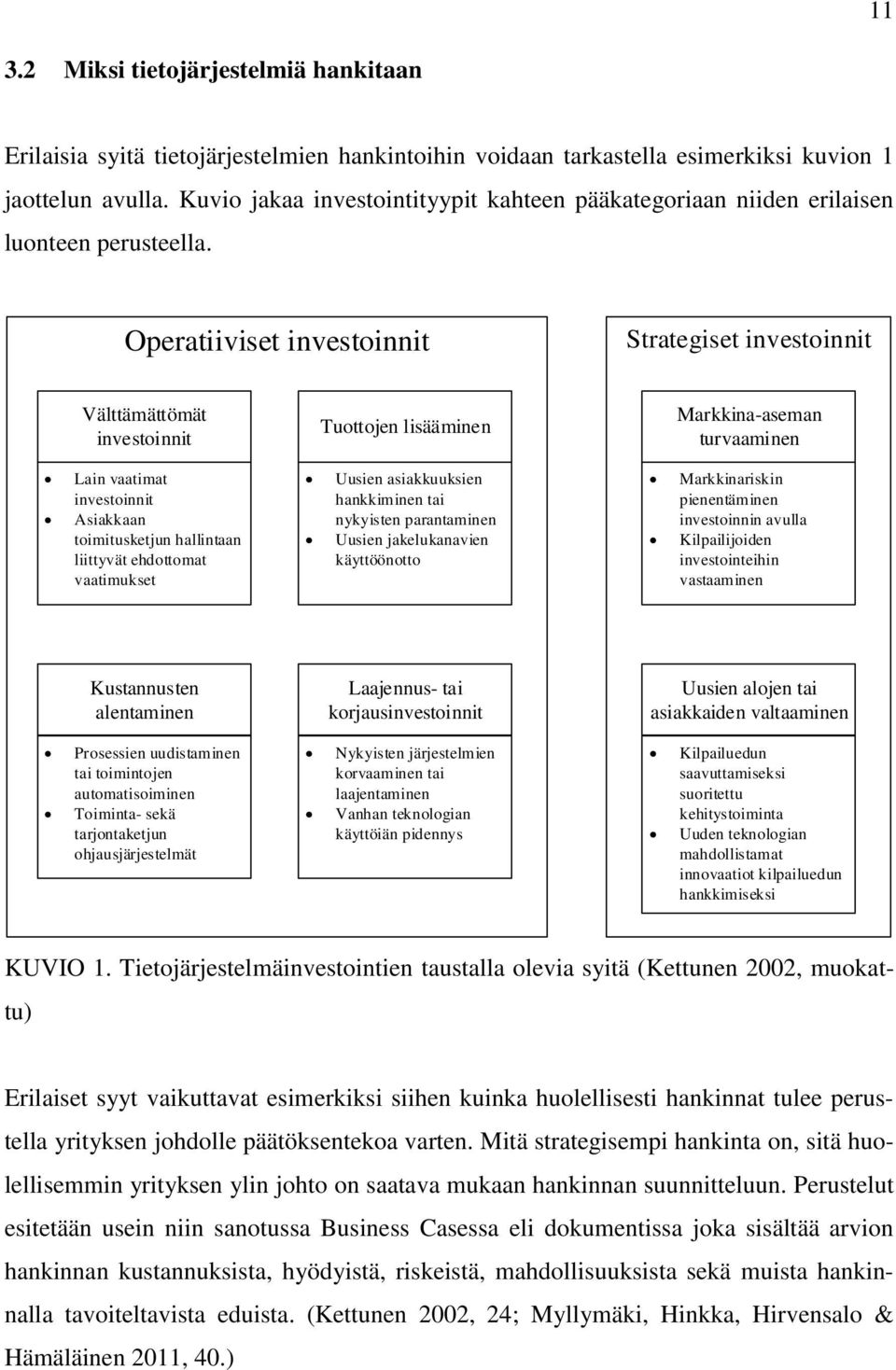 Operatiiviset investoinnit Strategiset investoinnit Välttämättömät investoinnit Tuottojen lisääminen Markkina-aseman turvaaminen Lain vaatimat investoinnit Asiakkaan toimitusketjun hallintaan