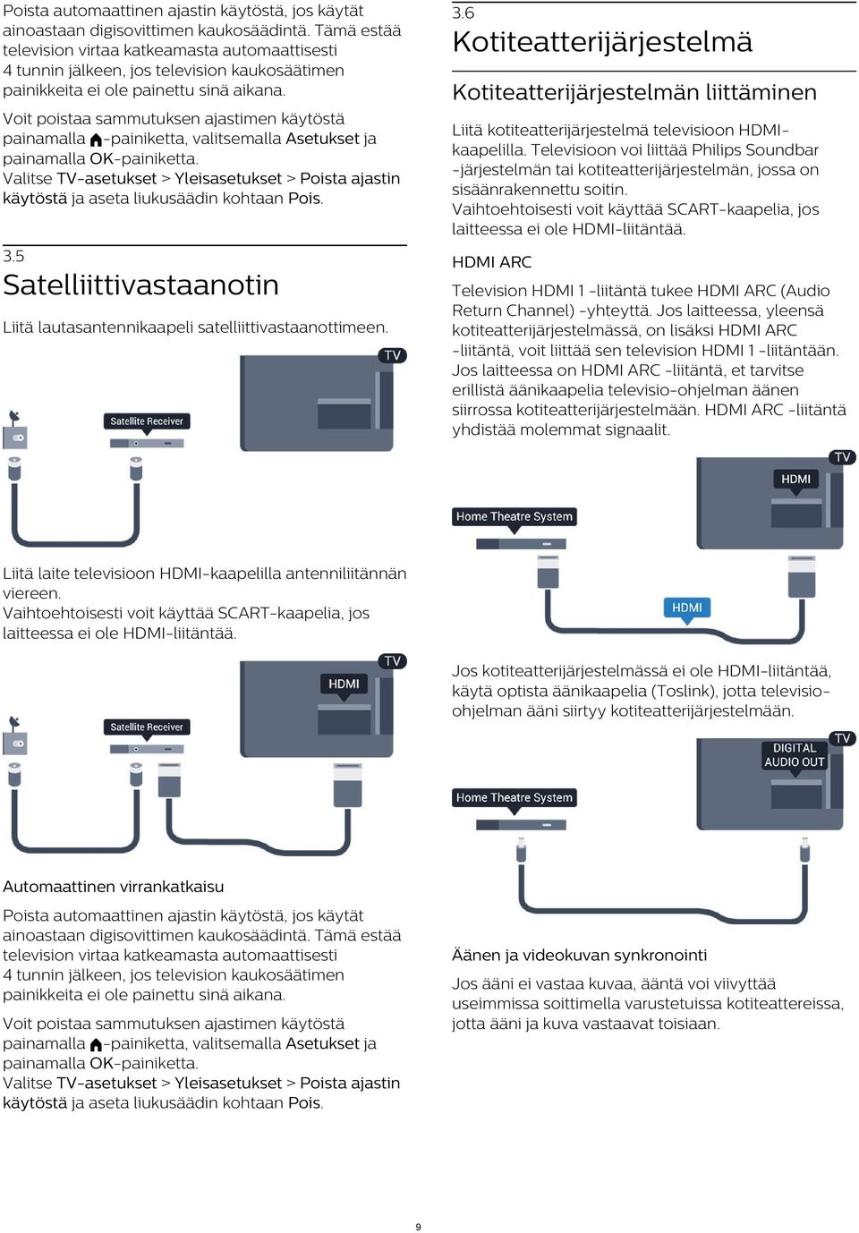 Voit poistaa sammutuksen ajastimen käytöstä painamalla -painiketta, valitsemalla Asetukset ja painamalla Valitse TV-asetukset > Yleisasetukset > Poista ajastin käytöstä ja aseta liukusäädin kohtaan