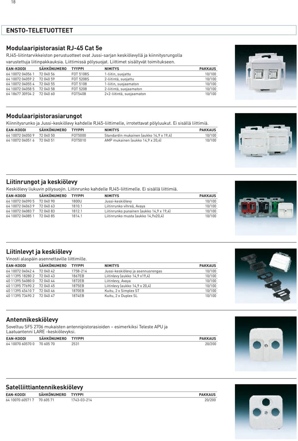 EAN-KOODI SÄHKÖNUMERO TYYPPI NIMITYS PAKKAUS 64 10072 04056 1 72 040 56 FOT 5108S 1-liitin, suojattu 10/100 64 10072 04059 2 72 040 59 FOT 5208S 2-liitintä, suojattu 10/100 64 10072 04055 4 72 040 55