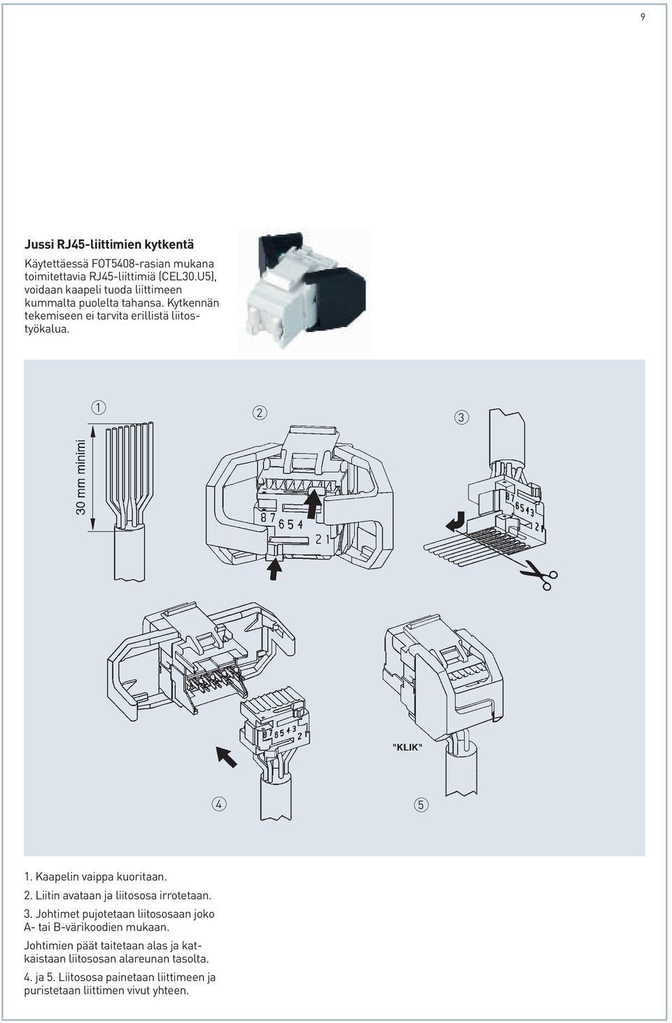1 2 3 4 5 1. Kaapelin vaippa kuoritaan. 2. Liitin avataan ja liitososa irrotetaan. 3. Johtimet pujotetaan liitososaan joko A- tai B-värikoodien mukaan.