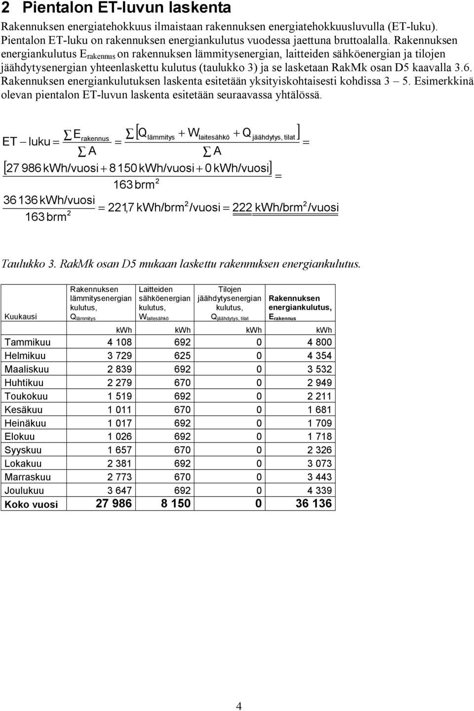 kaavalla 3.6. Rakennuksen energiankulutuksen laskenta esitetään yksityiskohtaisesti kohdissa 3 5. Esimerkkinä olevan pientalon ET luvun laskenta esitetään seuraavassa yhtälössä.