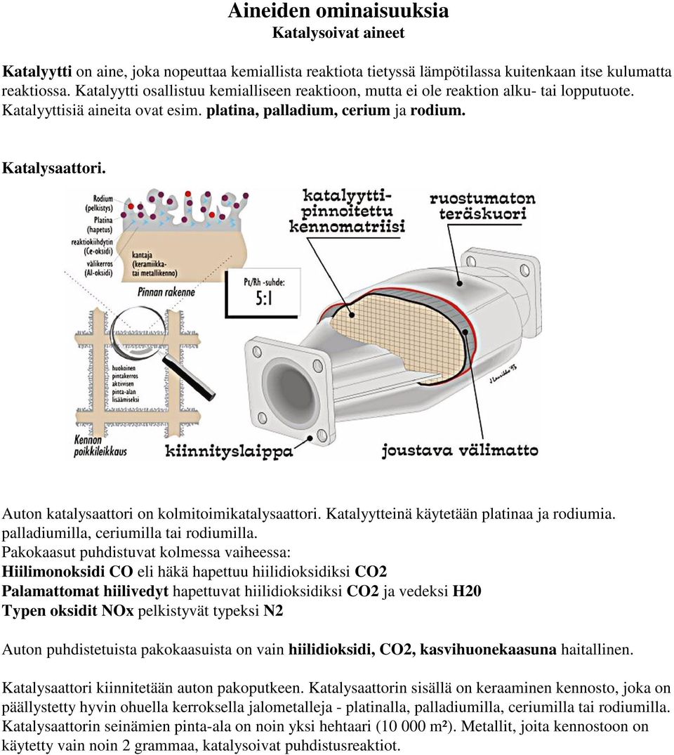 Auton katalysaattori on kolmitoimikatalysaattori. Katalyytteinä käytetään platinaa ja rodiumia. palladiumilla, ceriumilla tai rodiumilla.