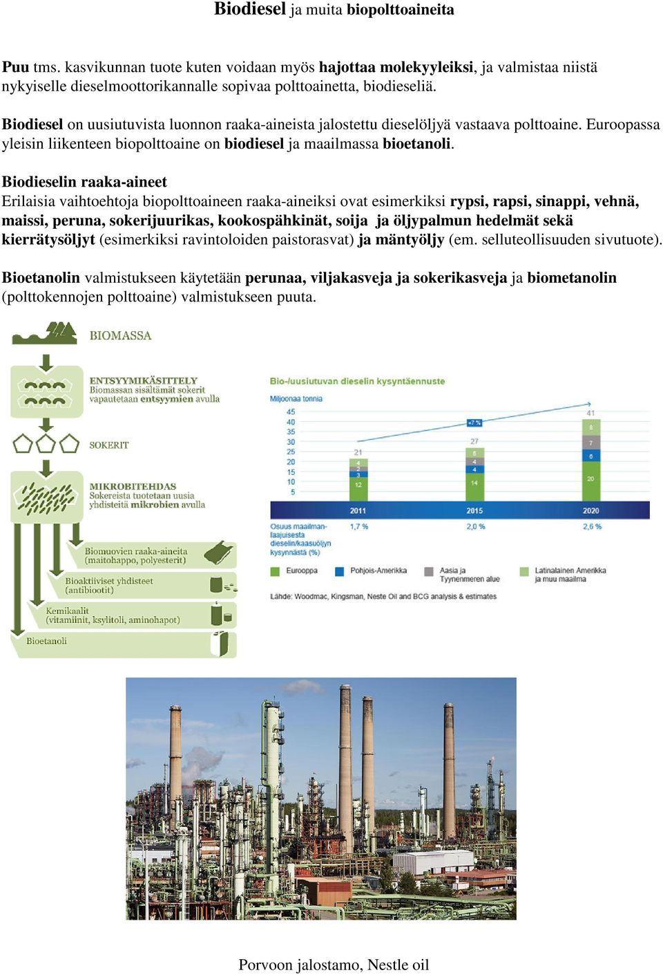 Biodieselin raaka-aineet Erilaisia vaihtoehtoja biopolttoaineen raaka-aineiksi ovat esimerkiksi rypsi, rapsi, sinappi, vehnä, maissi, peruna, sokerijuurikas, kookospähkinät, soija ja öljypalmun