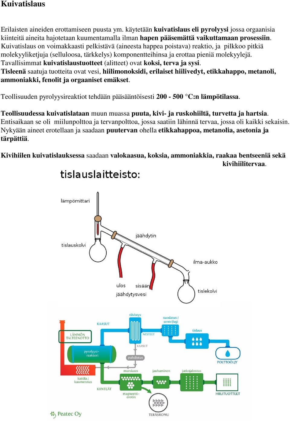 Kuivatislaus on voimakkaasti pelkistävä (aineesta happea poistava) reaktio, ja pilkkoo pitkiä molekyyliketjuja (selluloosa, tärkkelys) komponentteihinsa ja erottaa pieniä molekyylejä.