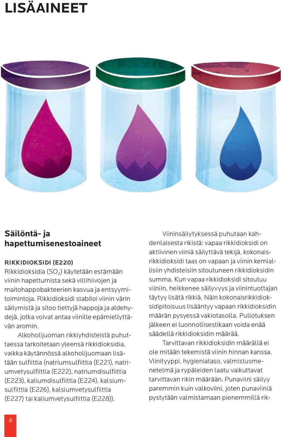 Alkoholijuoman rikkiyhdisteistä puhuttaessa tarkoitetaan yleensä rikkidioksidia, vaikka käytännössä alkoholijuomaan lisätään sulfiittia (natriumsulfiittia (E221), natriumvetysulfiittia (E222),