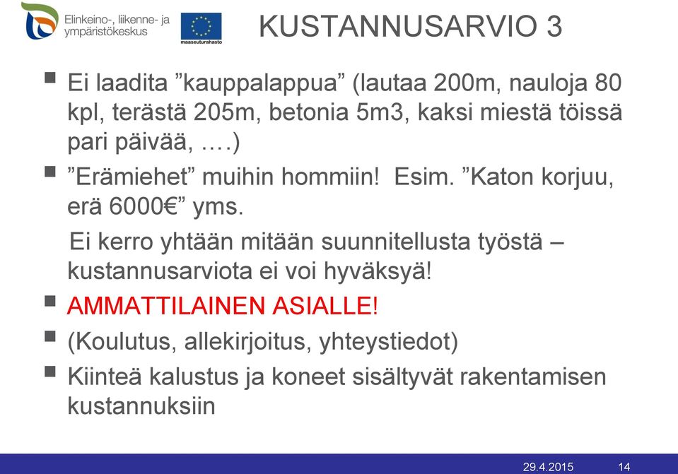 Ei kerro yhtään mitään suunnitellusta työstä kustannusarviota ei voi hyväksyä! AMMATTILAINEN ASIALLE!