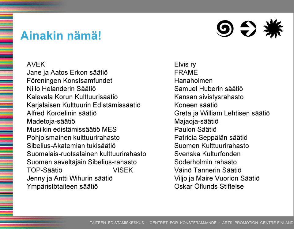 Karjalaisen Kulttuurin Edistämissäätiö Koneen säätiö Alfred Kordelinin säätiö Greta ja William Lehtisen säätiö Madetoja-säätiö Majaoja-säätiö Musiikin edistämissäätiö MES Paulon Säätiö